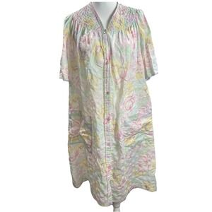 VTG 1960s Smart Time Floral Housecoat Dress Pastel Snap Front Long Nightgown M L